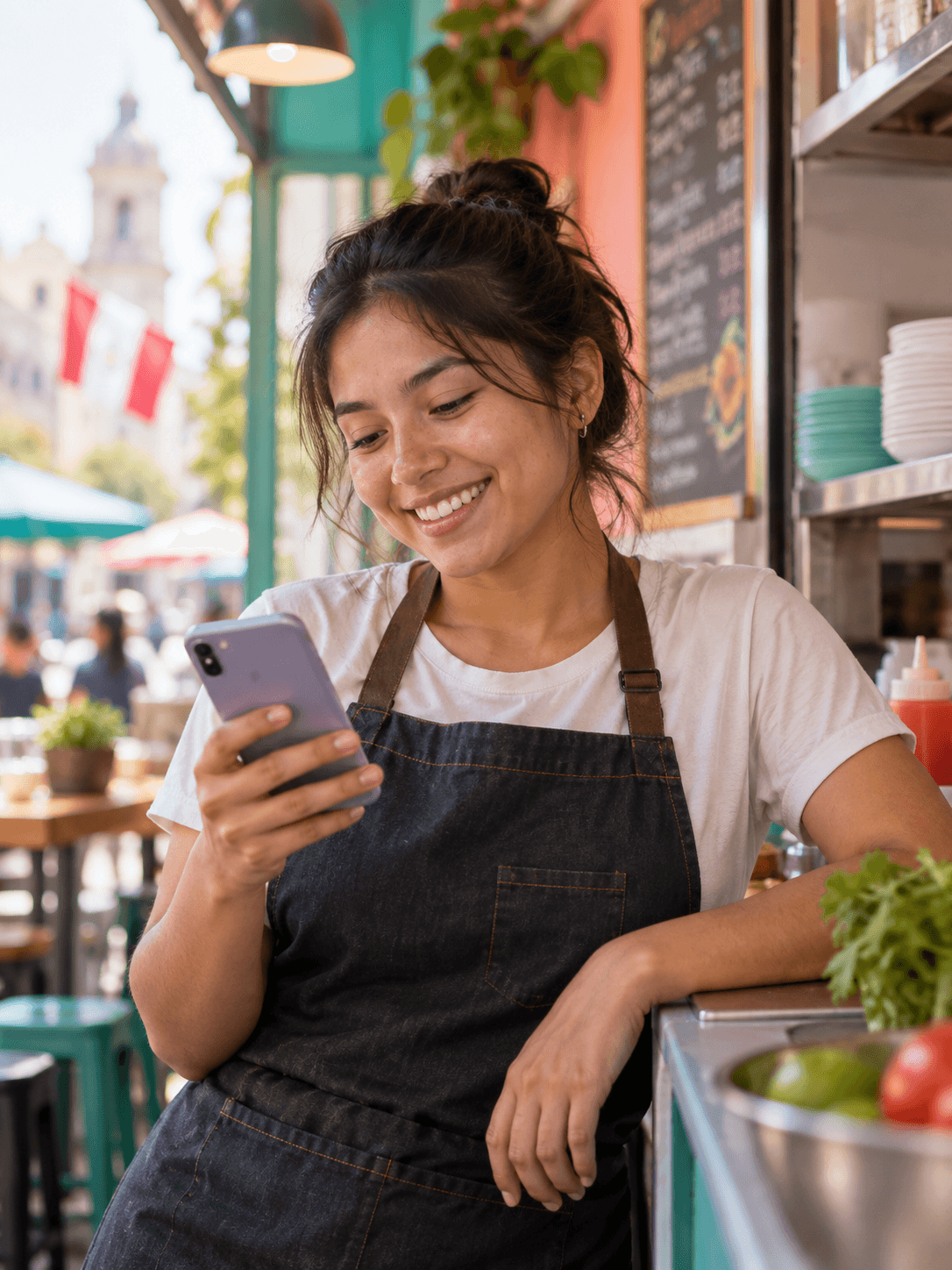 Trabajadora revisando la app PAKTO en su celular durante su turno